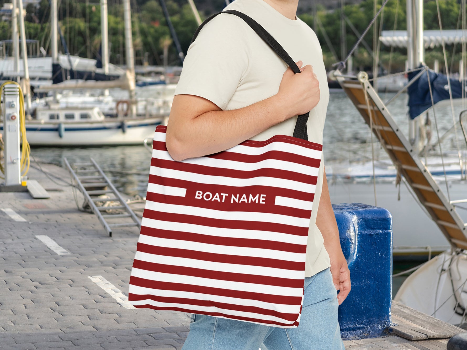 Custom Striped Bag, Boat Tote Bag, Boat Gifts for Women, Nautical Beach Bag, Personalized Tote